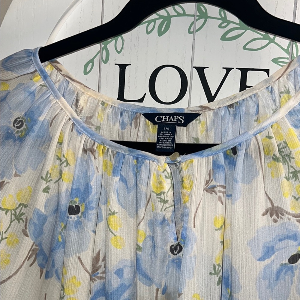 Chaps Blue and White Flutter Sleeve Blouse - Picture 3 of 5
